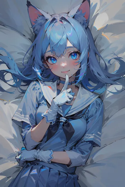 (masterpiece, best quality), beautiful girl, cat ears, smile, slim body, lying, (blue and white school uniform:1.1), (detailed beautiful eyes), paw gloves