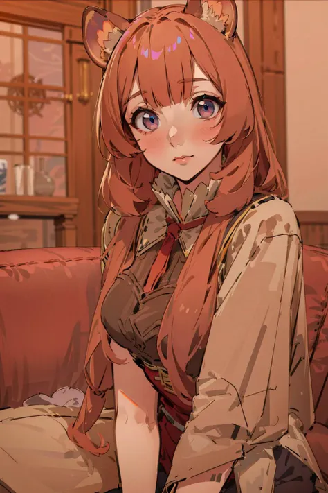 (masterpiece, best quality), beautiful girl,Raphtalia, racoon ears, sitting settee, (detailed beautiful eyes)