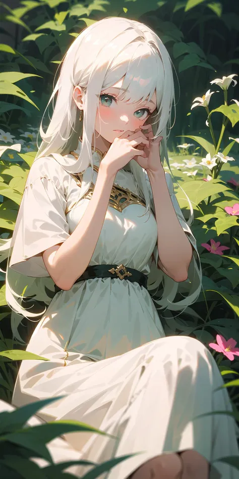 (masterpiece, best quality),1girl with long white hair sitting in a field of green plants and flowers, her hand under her chin, warm lighting, white dress, blurry foreground