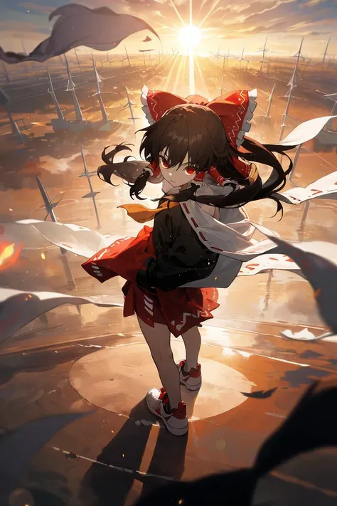 (sun glare, bokeh, depth of field,light particles, strong wind:1.2),
(Magic Array:1.4) On the reflective marble flooring,The ofuda blown away by the wind,
from above,first-person view,Hakurei Reimu,solo,standing,Hand in pocket,1girl,red eyes,expressionless,sneakers, black hoodie oversize Sweatshirt,