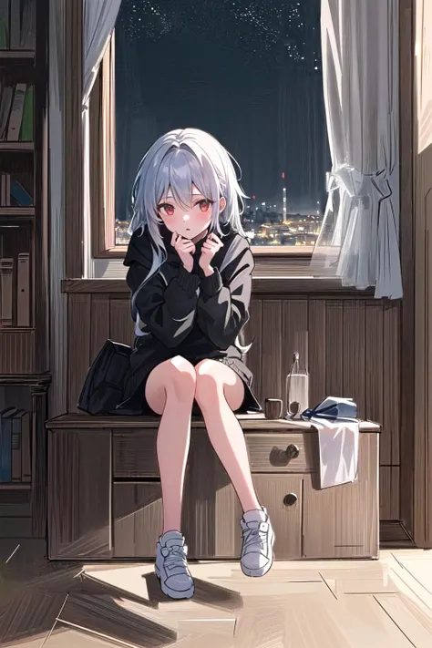 1girl, black long hair, red eyes, sit down, ((looking out the window)), night sky, torrential rain outside, thinking pose, cozy, warm lighting, light particles, gray tight sweater, ((masterpiece)), ((best quality)), ((ultra-detailed)), (illustration)