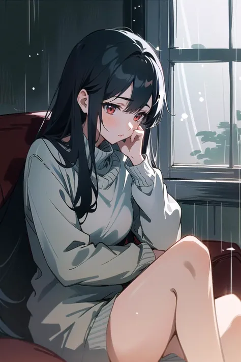 1girl, black long hair, red eyes, sit down, ((looking out the window)), night sky, torrential rain outside, thinking pose, cozy, warm lighting, light particles, gray tight sweater, ((masterpiece)), ((best quality)), ((ultra-detailed)), (illustration)