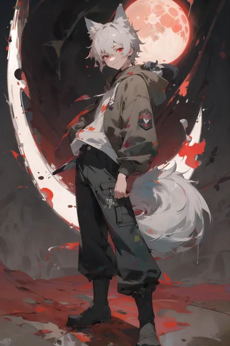 ((masterpiece, best quality, painting)), (solo, gray short-side-tail hair wolf-ear dark-red eyes crooked smile face dark brown jacket white inner hoodie black half pants short buggy boots boy), in the blood-moon night city