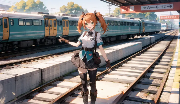 (masterpiece:1.2), (high_quality:1.2), (detailed:1.2),1girl, ;d, argyle, blush, boots, breasts, orange hair,, cross-laced_footwear, fingerless_gloves, gloves, green_eyes, heart, long_hair, looking_at_viewer,, open_mouth, skirt, smile, solo, thighhighs, twintails,v, train station, railroad tracks, platform, outdoors,