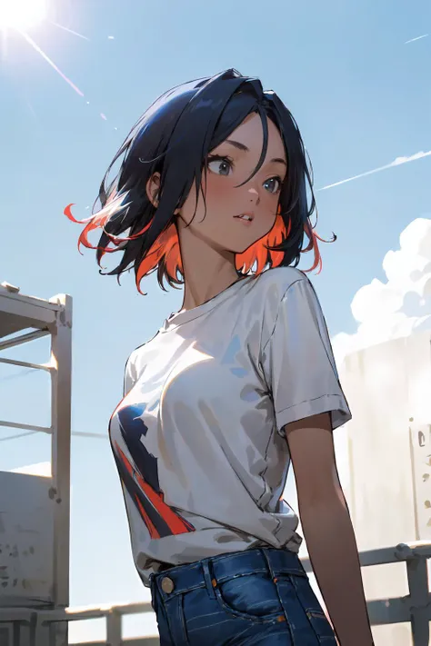 (masterpiece, best quality), 1girl, solo,(streaked hair), (multicolored hair), fit, medium breasts, tan, short hair, (tshirt), (jeans), day, sky, looking up, short sleeves, parted lips, cloud, sunlight, white shirt, standing, summer, letterboxed, depth of field, <lora:Reon_Kadena_chilloutmix:0.7>