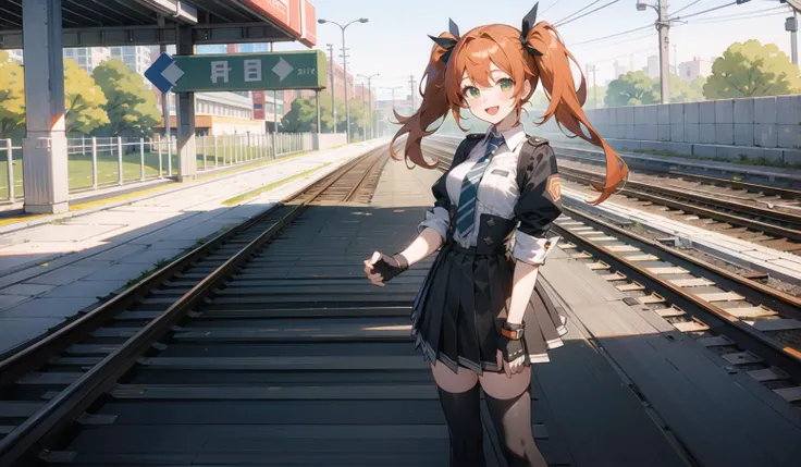 (masterpiece:1.2), (high_quality:1.2), (detailed:1.2),1girl, ;d, argyle, blush, boots, breasts, orange hair,, cross-laced_footwear, fingerless_gloves, gloves, green_eyes, heart, long_hair, looking_at_viewer,, open_mouth, skirt, smile, solo, thighhighs, twintails,v, train station, railroad tracks, platform, outdoors,outside