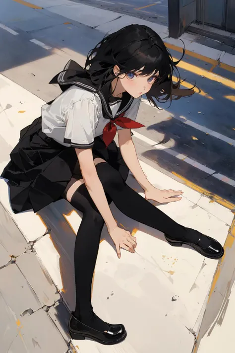 masterpiece, best quality, 1girl, black hair, solo, school uniform, detailed face, detailed eyes, floating hair, (black legwear:1.6),(mary_janes), <lora:mary_janes_v0.2:0.5>, (black_shoes),sitting, outdoors, sunlight,