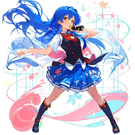 kisaragi chihaya, solo, 1girl, [white background, blue triangle background:((musical notation)) vector background:0.2], anime, idolmaster, singing, long blue hair, brown eyes, idol, floral outfit, knee length skirt, long blue skirt, white shirt, black waistcoat, black vest, red necktie, black boots