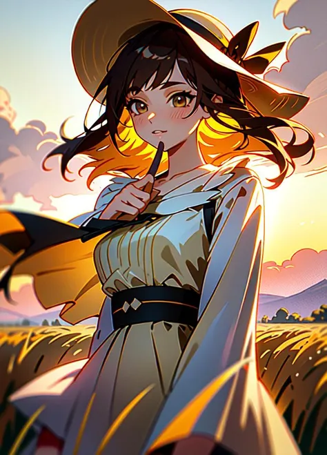 Original Characters, Natural Volumetric Lighting And Best Shadows, Deep Depth Of Field, Sharp Focus, Portrait Of Stunningly Beautiful Petite Girl, Soft Delicate Beautiful Attractive Face With Alluring Brown Eyes, Lovely Medium Small Breasts, Sharp Eyeliner, Seductive Smiling, Closed Mouth, Windswept Disheveled Brown Hair, Thick Layered Medium Hairstyles, Blush Eyeshadow With Thick Eyelashes, Parted Lips, Oversized Straw Sun Hat, Single Ribbon Bow, White Rustic One-piece Dress Long, (Flutter In The Wind:1.1), (Finger Pointing Sun Horizon:1.15), (Ripe Yellow Rye Field Under Beautiful Summer Sunset Sky With Clouds:1.2), (Highest Quality, Amazing Details:1.4), Masterpiece, Bloom, Picturesque, Vivid Watercolor Paintings