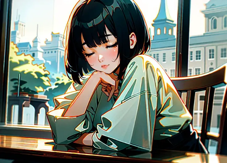 (1girl), black hair, bobcut, (pov across table:1.2), (cafe scenery), raining, foggy, (sleeping upright), ((masterpiece)), ((best quality)), ((ultra-detailed)), (illustration), natural lighting