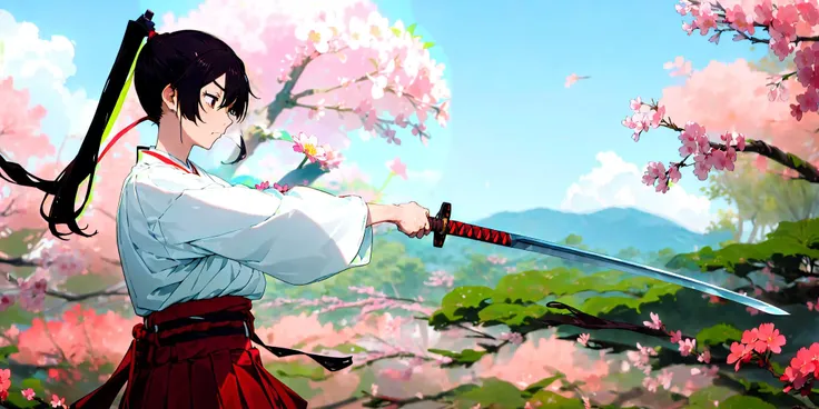 (masterpiece, best quality), outdoors, day, sky , cloud, sunlight, pink flower, blue sky, depth of field,((blurry))