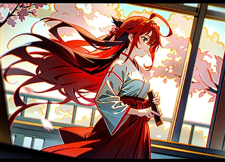 nakano itsuki, red hair, long hair, star hair ornament, ahoge, (masterpiece:1.2), (best quality:1.15), extremely detailed, perfect lighting, japanese temple background, cherry blossoms,, hakama, (red hakama skirt:1.2), (white hakama shirt:1.2), hakama ribbon, (alternate costume:1.2)