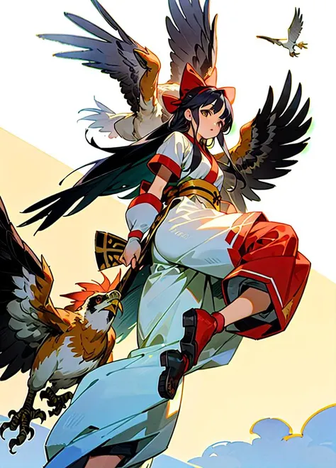 masterpiece, best quality,1girl, ainu clothes, big bird,bird,pants,red boots,<lora:nakoruru:0.7>