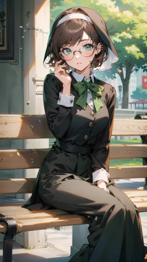 (masterpiece:1.5, illustration:1.7, ultra-detailed:1.5), girl, 24yo women, nun sit on the bench at public garden, bench, shy, blushing, beautiful, beautiful face, beautiful eyes, detailed eyes, beautiful lips, green eyes, brown hair, short hair, volumetric shadow, volumetric lighting, green ribbon on the hair, green bow tie, green glasses, black outfit, piercing:0.4, tomboy, boyish, face focus, hand cuffs, crowd, long skirt,