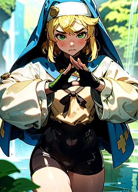 (masterpiece), (best quality), (ultra-detailed), intricate detail, perfect anatomy, , <lyco:fashionGirl_v53:0.1>, <lora:hipoly3DModelLora_v20:0.4>, 1boy,solo,otoko no ko,bridget \(guilty gear\),blonde hair,green eyes,black bike shorts,<lora:guiltyGearsBridget_v21:1:MIDD> fingerless gloves, waterfall background, serious, frown, (blush:0.8), fighting pose,