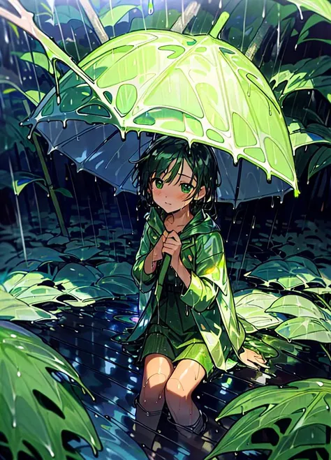a girl, (after the rain:1.5), sitting in a puddle, (night time, shining stars:1.3), (flower field, glowing, bloom, chromatic, colourful:1.3), (wet foliage:1.8)