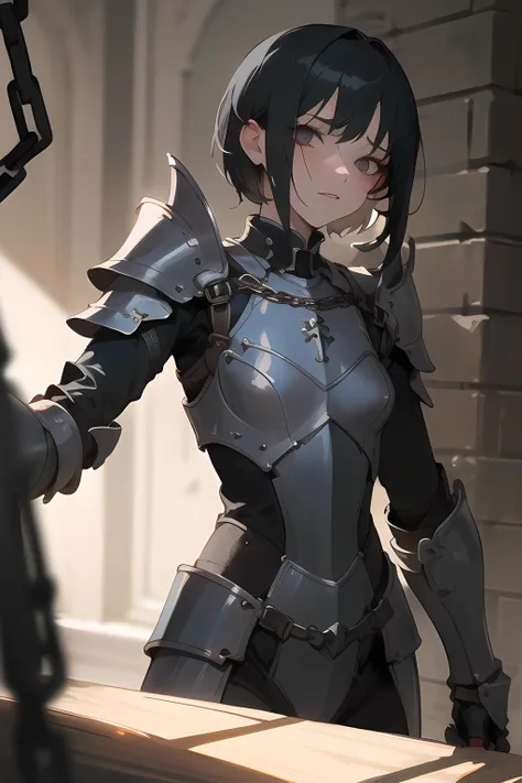 (masterpiece, best quality), 1 girl is prisionar and chained, wearing a damage armor, beautiful face, black short hair, hurt, sexy image, dungeon