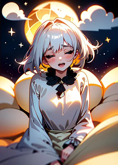 Original Characters, Natural Volumetric Lighting And Best Shadows, Deep Depth Of Field, Sharp Focus, Portrait Of Stunningly Beautiful Petite Girl, Soft Delicate Beautiful Attractive Face With Alluring Black Eyes, Lovely Small Breasts, Sharp Eyeliner, (Yawning And Out Half Closed Eyes:1.05), Open Mouth With Cute Fangs, Windswept Disheveled White Hair, Thick Layered Medium Hairstyles, Blush Eyeshadow With Thick Eyelashes, Parted Lips, Cute Kigurumi Pajamas, (Huging Long Pillow:1.1), (Sitting On Moon/Stars/Clouds Patterned Lovely Duvet Bed:1.2), (Loft Bedroom Under Circular Window:1.15), (Highest Quality, Amazing Details:1.4), Masterpiece, Bloom, Picturesque, Brilliant Colorful Paintings