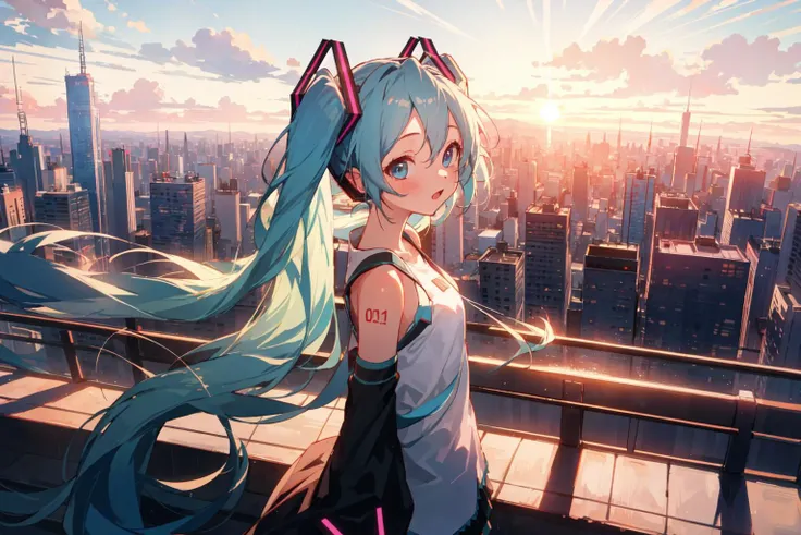 best quality, masterpiece, 1girl, hatsune miku, city, sunset,
