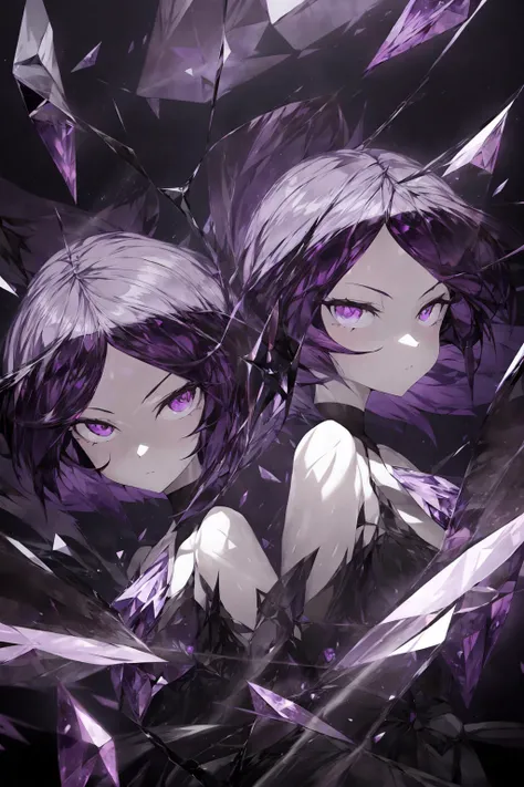 black background, spotlight, glare, amethyst,
houseki no kuni, glass, 2girls, twins, purple short hair, purple eyes, upper body, purple glass debris, 
<lora:Cracked Skin:-2.5> 
<lora:flat2:-1> 
 <lora:outline:-1.5>