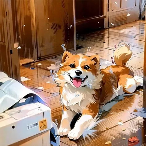 dog, no humans, tongue, animal focus, yellow and white blur,extremely detailed cg unity 8k wallpaper,ultra-detailed,best quality,indoor,box,yellow door,