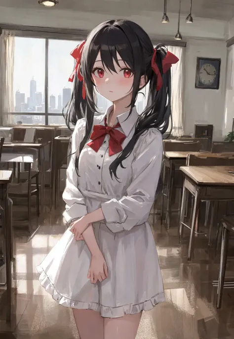 (masterpiece, best quality),ray tracing,absurdres, HDR,1girl,jewelry, bangs,black hair, twintails,very long hair, black_skirt, blush,red eyes, red bow, bowtie,breasts, , hair between eyes,hair_ribbon, red ribbon, ,school_uniform, white shirt, long sleeves, looking at viewer, sidelocks, solo, ,indoors,cowboy shot,