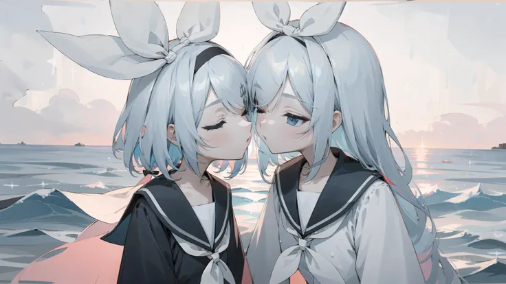 (masterpiece, best quality), arona, 2girls, bow, holo, closed_eyes, hair_bow, hair_ornament, white hair, hair_ribbon, hairband, kagamine_rin, kiss, long_hair, multiple_girls, ribbon, sailor_collar, school_uniform, short_hair, blue hair, siblings, twins, upper_body, white_bow, white_ribbon, <lora:aronablack-000008:1>, sea, beach, sunset,