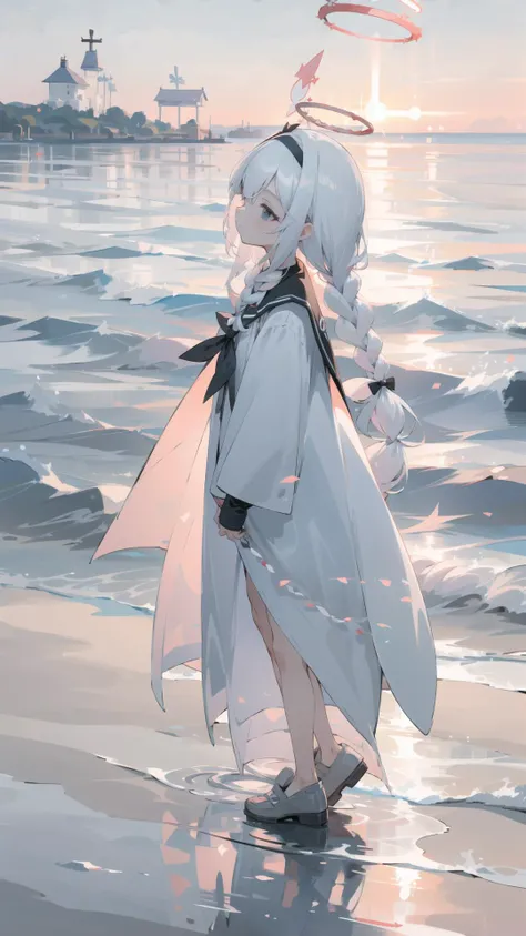 (masterpiece, best quality), arona, 1girl, white hairband, bow hairband, bang, halo, long hair, single braid, <lora:aronablack-000008:1>, walking, full body, beach, sunset, light smile, looking up, from side, blurry