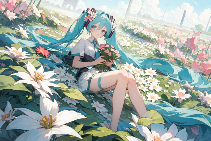 masterpiece, best quality,1girl, hatsune miku, (((flower)))