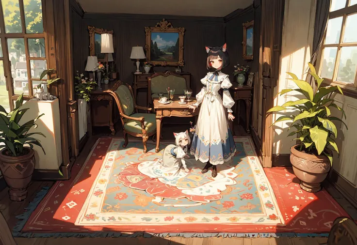 2girls, cute, chibi, interior country cottage, victorian dress, cat ears, bob haircut, windows, expansive countryside views, houseplants, (persian rug:1.1), framed oil paintings, looking at viewer, highly detailed, comfy, idyllic, isometric view,