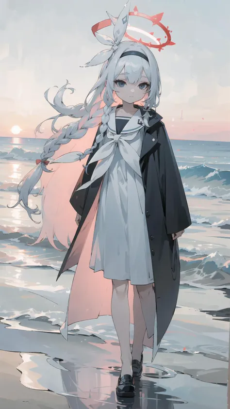 (masterpiece, best quality), arona, 1girl, white hairband, bow hairband, halo, long hair, single braid, <lora:aronablack-000008:1>, walking, full body, beach, sunset, light smile, holding hair, looking sky,