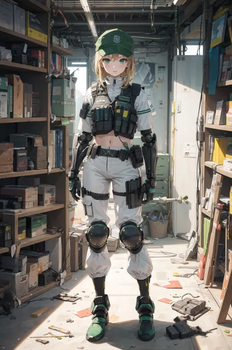 (masterpiece, best quality, ultra-detailed, illustration), beautiful face, solo, perfect body, 1girl, solo, standing, gloves, white t-shirt, (body armor:1.3), (science fiction:1.2), green pants, tactical clothes , (green baseball cap:1.2), (bulletproof vest:1.3), (mechanical arms:1.2)