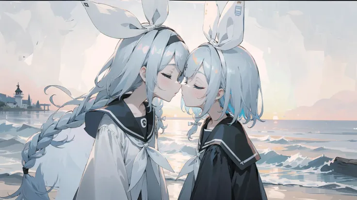 (masterpiece, best quality), arona, 2girls, bow, holo, closed eyes, hair bow, hair ornament, white hair, hair ribbon, hairband, kagamine_rin, kiss, long hair, single braid, multiple girls, ribbon, sailor collar, school uniform, short hair, blue hair, siblings, twins, upper_body, white_bow, white_ribbon, <lora:aronablack-000008:1>, sea, beach, sunset,