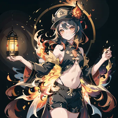 (best quality), {masterpiece}, {extremely detailed}, {ultra-detailed}, {highres}, {absurdres}, 1girl, solo, anime, full body shot, (black chinese clothes, hat with gold plate and spider lily, black shorts, white socks ), (multicolored hair, black hair, fire hair, red hair), black background, fire particles, holding a glowing lantern, fire butterfly, (finely detailed beautiful face and eyes), blush, (exposed belly), cowboy shot, ((full body))
, <lora:huTaoGenshinImpact_v12:0.6>