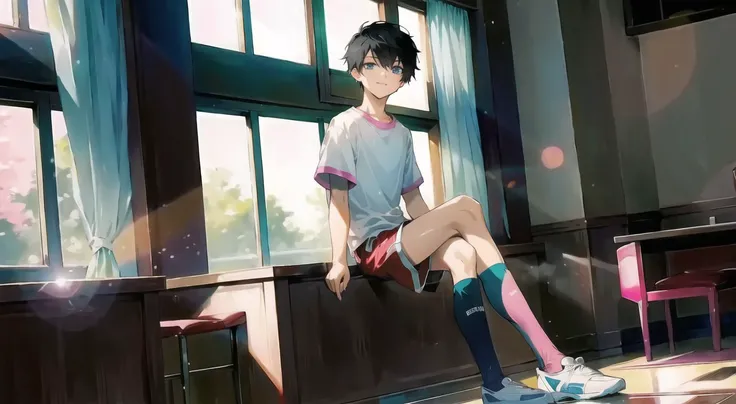 (masterpiece, best quality), lens flare, medium shot, highly detailed beautiful face and eyes,highly detailed skin,
(1boy:1.3), (solo:1.3),solo focus, (sitting, ) (very short hair), [black|blonde] hair, aqua eyes, looking at viewer, smile,  perfect lighting ,indoors, backgound is gym, extremely detailed and beautiful, full body, cute,
sitting, warm lighting, white t-shirt,(wearing shorts, mist pink sports shorts)