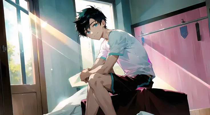 (masterpiece, best quality), lens flare, medium shot, highly detailed beautiful face and eyes,highly detailed skin,
(1boy:1.3), (solo:1.3),solo focus, (sitting, ) (very short hair), [black|blonde] hair, aqua eyes, looking at viewer, smile,  perfect lighting ,indoors, backgound is gym, extremely detailed and beautiful, full body, cute, adult,
sitting, warm lighting, white t-shirt,(wearing shorts, mist pink sports shorts)