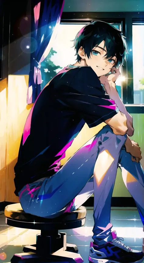 (masterpiece, best quality), lens flare, medium shot, highly detailed beautiful face and eyes,highly detailed skin,
(1boy:1.3), (solo:1.3),solo focus, (sitting, ) (very short hair), [black|blonde] hair, aqua eyes, looking at viewer, smile,  perfect lighting ,indoors, backgound is gym, extremely detailed and beautiful, full body, cute,
sitting, warm lighting, white t-shirt,(wearing shorts, mist pink sports shorts)