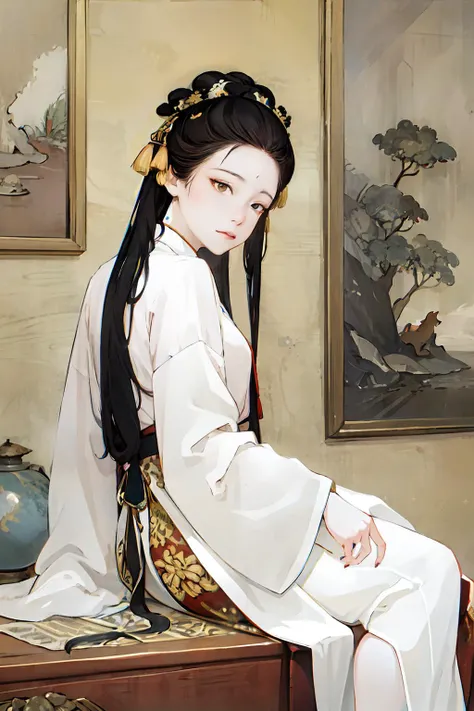 black_hair, 1girl, looking at viewer, long_hair, nail_polish, solo, jewelry, ancient art, chinese, <hypernet:aini:1>