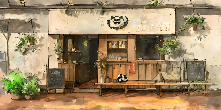 panda ,flower, no_humans, window, chair, table, plant, scenery, door, potted_plant, stool, vase, flower_pot, cafe, cutebuild style <lora:cutebuild:1>