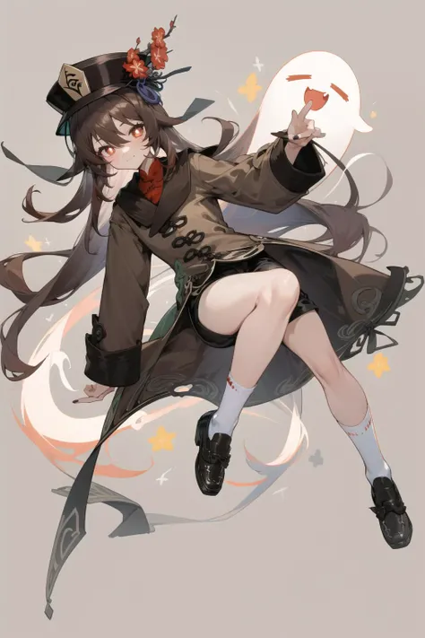 Masterpiece, <lora:hutao_v2:0.7>, boo tao, hu_tao_(genshin_impact), highres, 1girl, brown coat, brown hair, closed mouth, coat flower, flower-shaped pupils, ghost, hair between eyes, hat, hat flower, light smile, long hair, looking at viewer, nail polish, porkpie hat, red eyes, shoes, shorts, simple background, socks, solo, symbol shaped pupils, very long hair, white socks