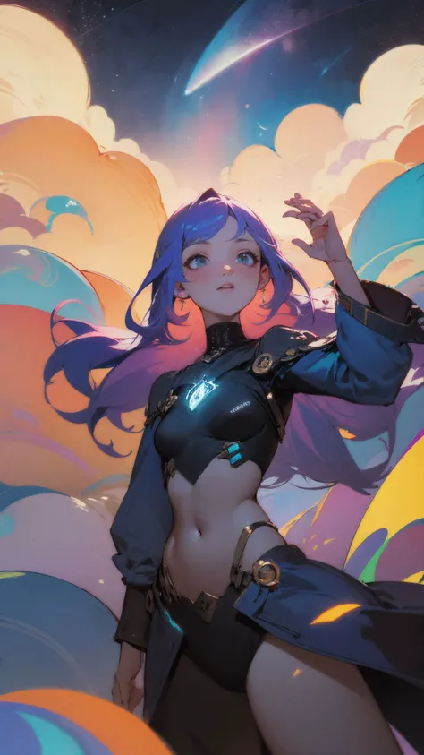 (masterpiece, best quality),( girl:1.3),girl girl girl(euneirophrenia,delirium,psychedelic,triangular polgyonal,mind-expanding),Azure Nebula: Cloud of gas shimmering in myriad colors, home to nomadic traders, refugee fleets, and mysterious alien empires,by Angus McBride,Mark Poole,Danny Flynn,Susan Van Camp,Fritz Baumgarten