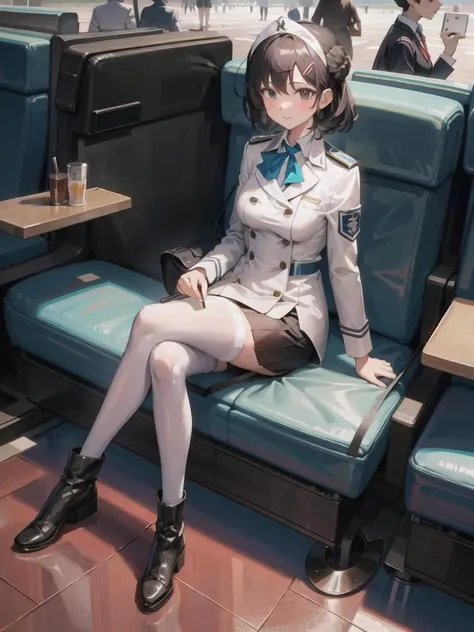flight attendant, seducative, updo-hair, airport, (white-stockings), black hair, make up, showing her legs, short uniform, boots
