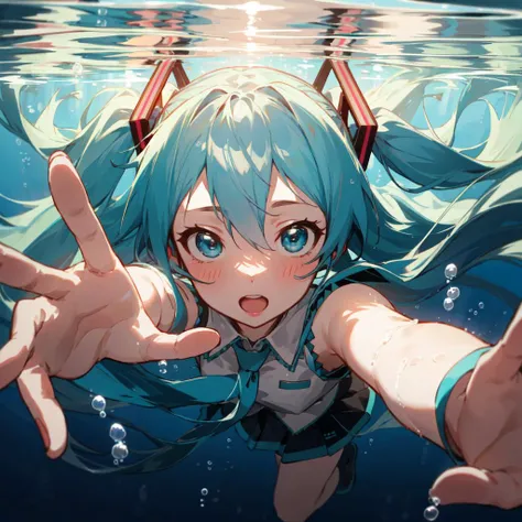 best quality, masterpiece, hatsune miku, underwater, reaching out, from above