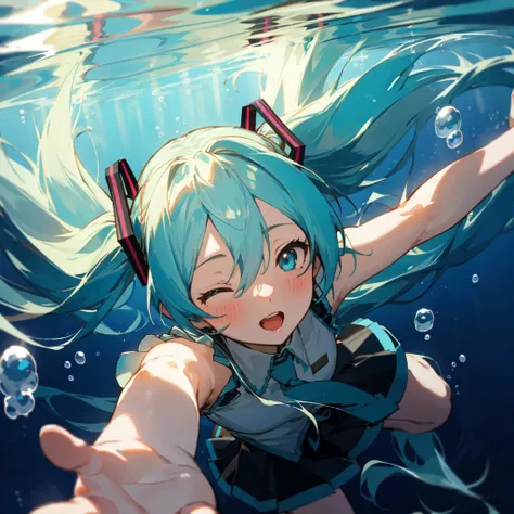 best quality, masterpiece, hatsune miku, underwater, reaching out, from above