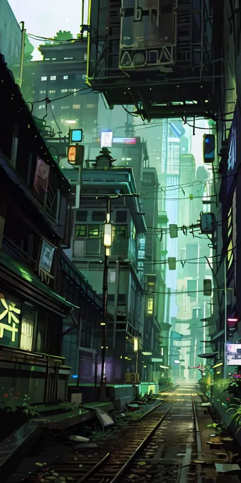 Botanical gardensvines, modernism, serenity and no one, hyper-realistic design, open view, digital, illustration, architecture,tranquility, beauty, comfort, rainny, night sky,cyberpunk, neon lights,neon signboard,lots of empire state building, Cumulonated pavement,Dimly lit alley,<lora:Ghibli_v4:1> <lora:style1-fC_v1.0:1>