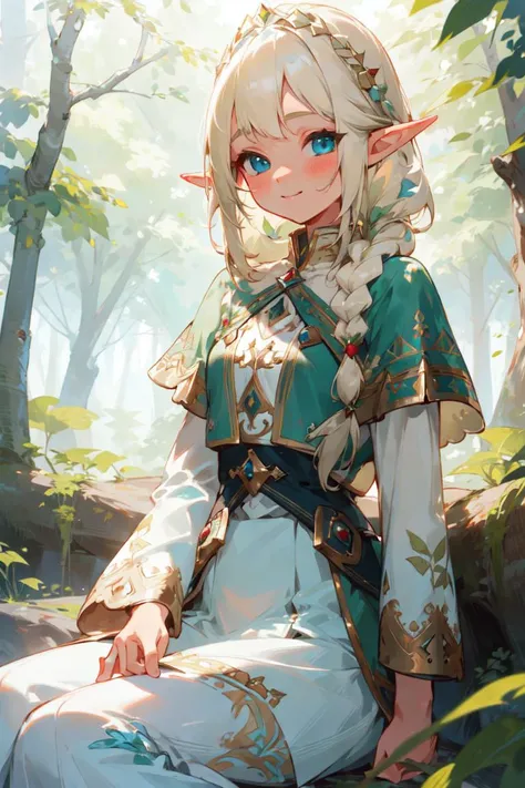 ((masterpiece, best quality, ultra-detailed)), (cute white elf girl in the fantasy green natural forest), beautiful detailed blue clear-eyes elf ear  blonde color elven-side-braid braid-tail-hair cute bright smile face, embroidered skirt and clothes