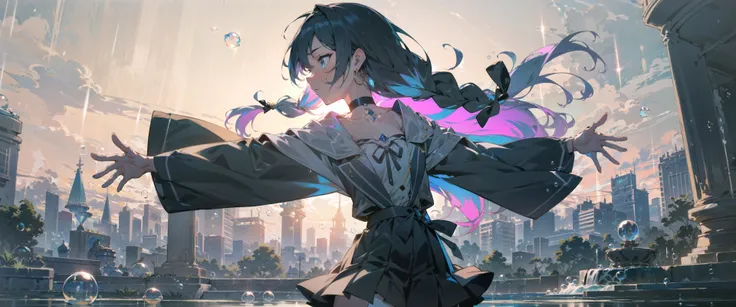 masterpiece, best quality, official art, extremely detailed CG unity 8k wallpaper, highly detailed, absurdres, 8k resolution, (girl), (((solo))), exquisite facial features, long hair, twin braids, ribbon, choker, hoop earrings, pleated skirt, thighhighs, bare_legs, stare, (rain), ((in summer)), rebecca (cyberpunk), lens flare, available light, color contact lenses, lie, moody lighting, rim light, Cinematic Lighting, Volumetric Lighting, (((colorful bubble))), tears, ribbon trim, nail polish, (profile picture), spread arms
,nsfw,small breasts,
,floating, beautiful detailed sky, beautiful detailed water, beautiful detailed eyes, overexposure,(fountain), <lyco:GoodHands-beta2:1.0>,