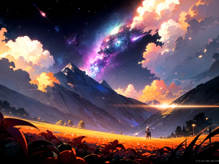 expansive landscape photograph , (a view from below that shows sky above and open field below), a girl standing on red lily flower field looking up,add_detail, ( shooting stars:0.9), (nebula:1.3), distant mountain, tree BREAK production art, (warm light source:1.2), lot of purple and orange, intricate details, volumetric lighting BREAK (masterpiece:1.2), (best quality), 4k, ultra-detailed, (dynamic composition:1.4), highly detailed, colorful details,( iridescent colors:1.2), (glowing lighting, atmospheric lighting), (solo:1.2),