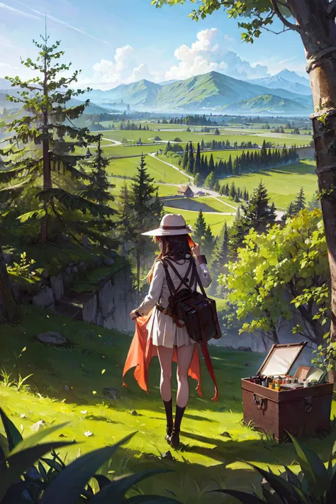 Masterpiece, highres, girl, (travel lady), forest, trees, mounts, tent, picnic, adventure