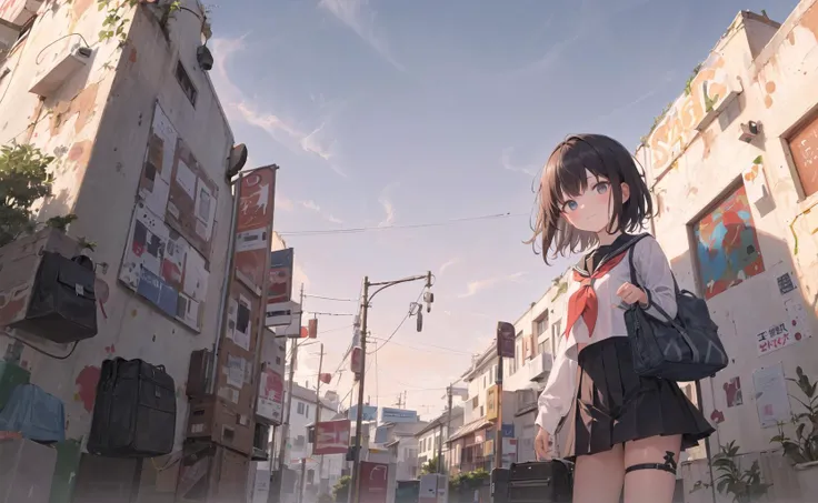 ((masterpiece,best quality)),1girl, from below, solo, school uniform, serafuku, sky, cloud, black hair, skirt, sailor collar, looking at viewer, short hair, building, bangs, neckerchief, long sleeves, cloudy sky, power lines, shirt, cityscape, pleated skirt, scenery, blunt bangs, city, night, black sailor collar, closed mouth, black skirt, medium hair, school bag , holding bag